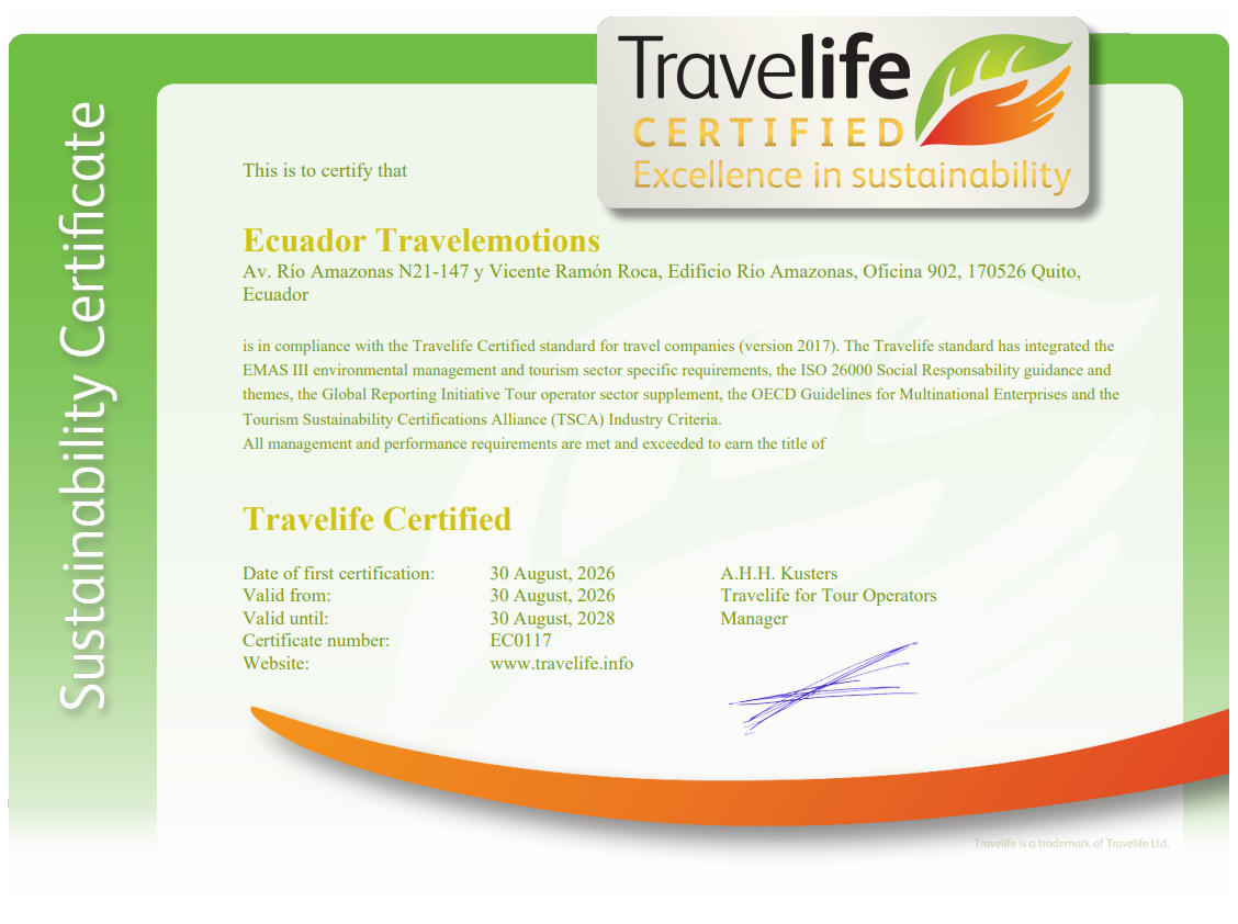 Certificado por Travelife - Ecuador Emotions